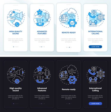VOIP 'nin mobil uygulama ekranında gece ve gündüz uygulamalarının faydaları. Hizmet gezintisi 4 adım grafik talimatlar sayfaları doğrusal kavramlarla. UI, UX, GUI şablonu. Kullanılan sayısız Pro-Kalın, Düzenli yazı tipleri