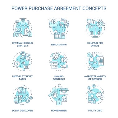 Güç satın alma anlaşması turkuaz konsept simgeleri ayarlandı. Elektrik enerjisi satışı. İş ilişkisi fikri ince çizgi renkli çizimler. İzole semboller. Kullanılan Roboto-Orta, Myriad Pro-Kalın yazı tipleri
