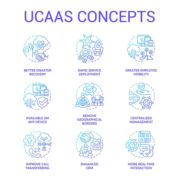 UCaaS mavi gradyan konsept simgeleri ayarlandı. Bulut birleşik iletişim modeli sundu. Müşteri hizmeti fikri ince çizgi renkli çizimler. İzole semboller. Kullanılan Roboto-Orta, Myriad Pro-Kalın yazı tipleri