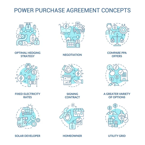 Güç satın alma anlaşması turkuaz konsept simgeleri ayarlandı. Elektrik enerjisi satışı. İş ilişkisi fikri ince çizgi renkli çizimler. İzole semboller. Kullanılan Roboto-Orta, Myriad Pro-Kalın yazı tipleri