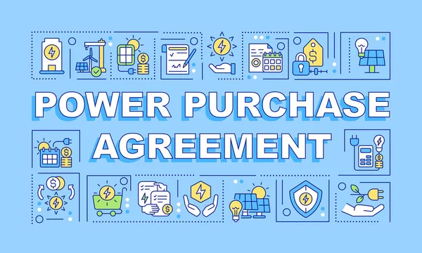Güç satın alma anlaşması sözcüğü mavi pankartı içerir. Elektrik enerji sistemi. Renk arkaplanında simgeleri olan bilgi grafikleri. İzole tipografi. Metinli vektör illüstrasyonu. Kullanılan Arial-Black yazı tipi