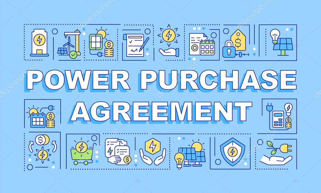 Power purchase agreement word concepts blue banner. Electric energy system. Infographics with icons on color background. Isolated typography. Vector illustration with text. Arial-Black font used