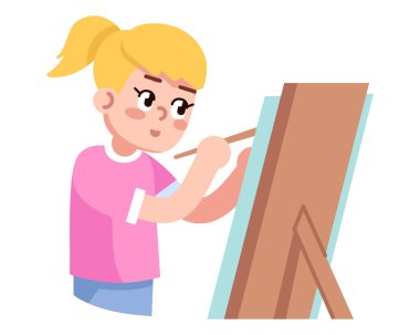 Çocuk yarı düz RGB renk çizimi için sanat dersleri. Çizim becerilerini geliştir. Okuldan sonra. Şövaledeki küçük sarışın kız beyaz arka planda izole edilmiş çizgi film karakteri.