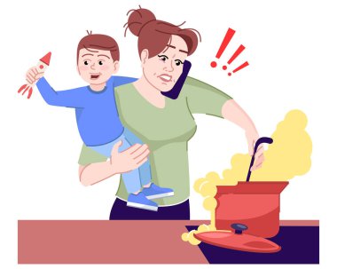 İş hayatı dengesi arıyorum. Yarı düz RGB renk vektörü çizimi. Stresli bir durum. Çocuk ve ev işleri ile uğraşan kadın beyaz arka planda izole çizgi film karakterleri