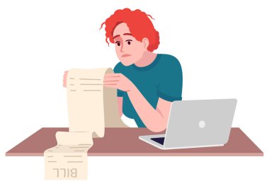 Finansal stres yarı düz RGB renk çizimi. Oturan bir figür. Finansal zorunluluk. Onursuz kadın, beyaz arka planda izole edilmiş bir çizgi film karakteri yüzünden stresli.