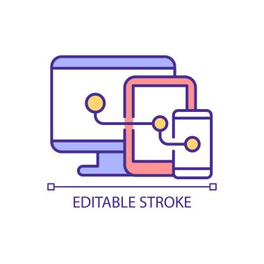 Aygıt senkronizasyonu RGB renk simgesi. Kişisel bilgilere erişim. Dijital bilgi alışverişi. İzole vektör çizimi. Basit bir çizgi çizimi. Düzenlenebilir felç. Kullanılan Arial yazı tipi