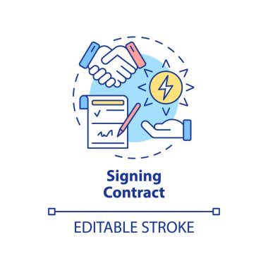 Sözleşme konsepti ikonu imzalıyorum. İş anlaşması. Güç satın alma anlaşması ince çizgi çiziminde soyut bir fikir sunar. İzole bir taslak çizim. Düzenlenebilir felç. Arial, Myriad Pro-Kalın yazı tipleri