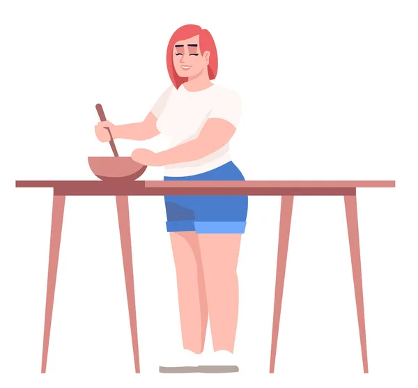 曲線的な女性は健康的な食事半フラットRgbカラーベクトルイラストを食べる 笑顔だ 自己受容 体の肯定的なアプローチを促進する人白地に隔離された漫画のキャラクター — ストックベクタ