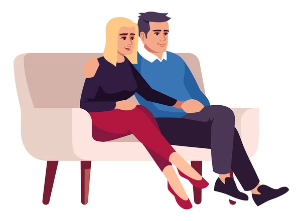 ソファに座り 半フラットRgbカラーベクトルイラストを受け入れるカップル 女性と男性訪問心理学者相談会孤立した漫画のキャラクターに白い背景 — ストックベクタ