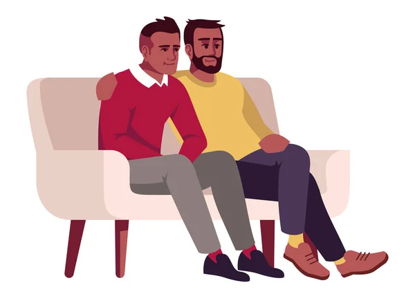 Schwules Paar Sitzt Auf Dem Sofa Halb Flach Rgb Farbvektor — Stockvektor