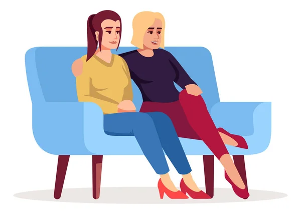 ソファー半フラットRgbカラーベクトルイラストに座ってレズビアンカップル パートナーとの絆 白い背景に孤立した漫画のキャラクターに会う心理学者の相談を訪れる女性 — ストックベクタ
