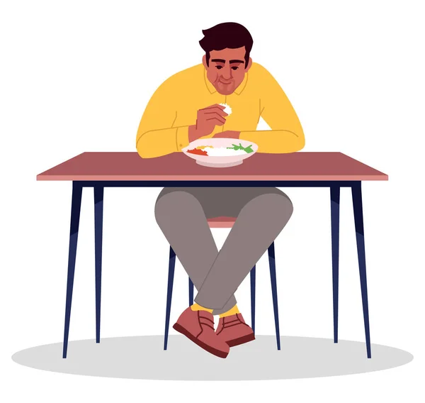 吃印度食物的家伙用手半扁平的Rgb彩色矢量图解 食物的生活方式 健康的食欲在白色背景下独自外出吃饭的人 — 图库矢量图片