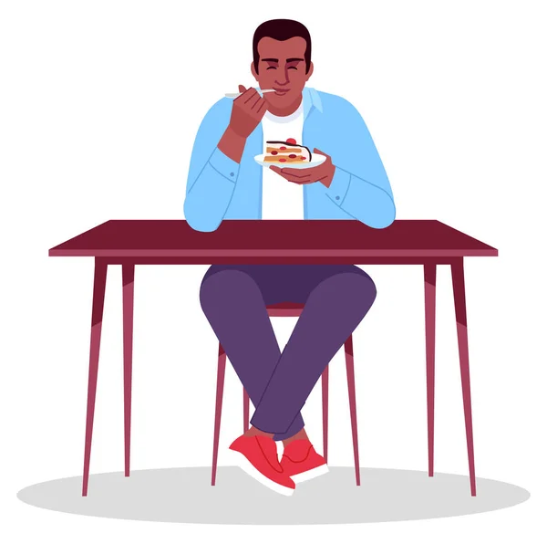 Gefallen Mann Essen Süßen Kuchen Halb Flach Rgb Farbvektorillustration Sitzende — Stockvektor