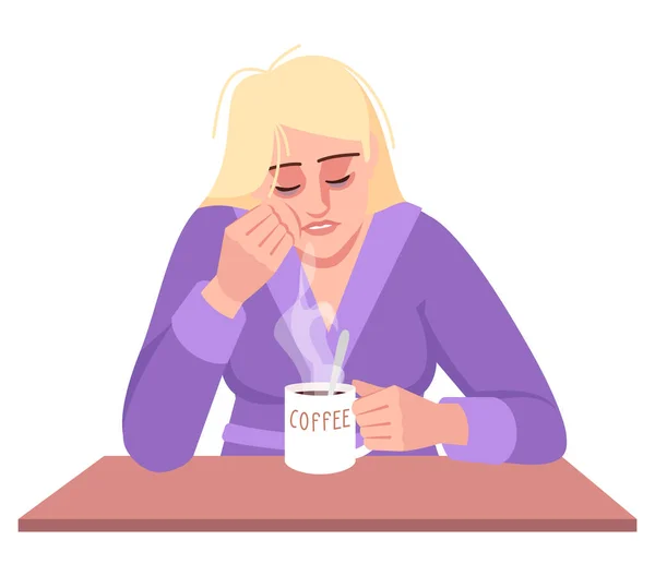 カフェインは半フラットRgbカラーベクトルイラストをクラッシュします おはようございます 疲労ストレス 慢性睡眠不足 スリーピー女性飲料コーヒー孤立した漫画のキャラクター上の白い背景 — ストックベクタ