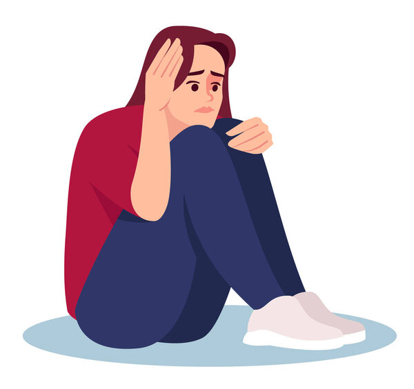 Хронический стресс полуплоский вектор цвета RGB. Сидячая фигура. Чрезмерное самосознание. Разочарованная женщина глубоко в мыслях изолированный персонаж мультфильма на белом фоне