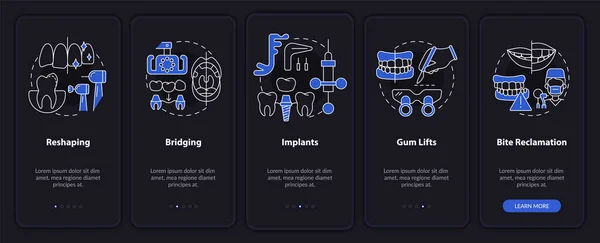 Procedimientos Mejora Cosmética Modo Nocturno Onboarding Pantalla Aplicación Móvil Recorrido — Vector de stock