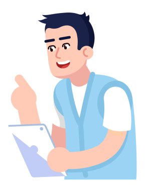 Yarı düz RGB renk vektör çizimi sağlanıyor. Gülen yüz. Robot bilimi öğretmeni. Tablet tabletli sistem mühendisi beyaz arkaplanda izole edilmiş çizgi film karakteri