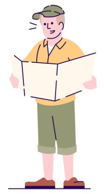 Yarı düz RGB renk vektörü çizimi olan bir maceraperest. Ayakta duran figür. Hazine Avcısı. Arkeolojik alanda deneyimli biri beyaz arka planda karikatür karakterini izole etmiş.