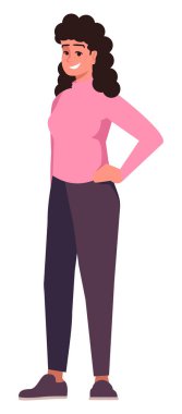 Kendine güveni tam bir kadın yarı düz RGB renk vektörü çizimi. Poz figürü. Kendini kabullenme. Beyaz arkaplanda izole edilmiş karikatür karakterini destekleyen kişi