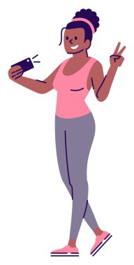 Atletik kız yarı düz RGB renk çizimi yapıyor. Arkadaş canlısı blogcu. Poz figürü. Sağlıklı yaşam tarzı tanıtımı. Fitness vlog kaydedicisi beyaz arkaplanda izole çizgi film karakteri