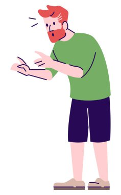 Şaşırmış sakallı adam yarı düz RGB renk vektörü çizimi. Poz figürü. Duygusal dışavurumluluk. Adam son derece şaşırmış ve şok olmuş beyaz arka planda karikatür karakteri.