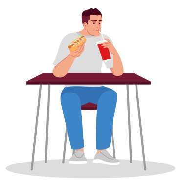 Adam karbonatlı içecek yarı düz RGB renk çizimi ile sosisli yiyor. Foodie yaşam tarzı. Sağlıklı iştah. Dışarıda tek başına yiyen kişi beyaz arka planda karikatür karakteri.