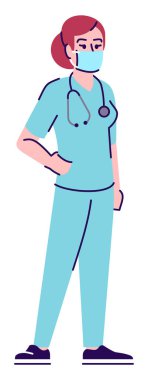 Sağlık hizmetleri yarı düz RGB renk vektörü çizimi. Ayakta duran figür. Önleyici önlemler. Yüz maskesi takan acil servis doktoru beyaz arka planda karikatür karakteri buldu.