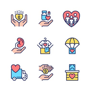 Gönüllü olanaklar mükemmel RGB renk simgeleri ayarlandı. Parasal bağış. Sosyal sorumluluk. İzole vektör çizimleri. Basit çizgi çizimleri koleksiyonu. Düzenlenebilir vuruş