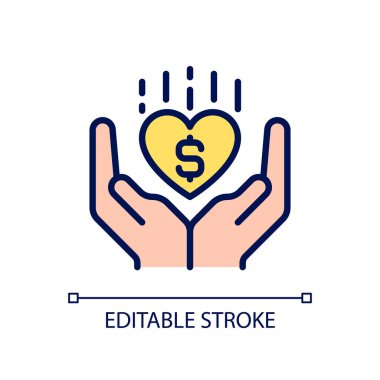 Hayırseverlik pikseli mükemmel RGB renk simgesi. Hayırsever bir organizasyon. İnsan refahını arttırmak. İzole vektör çizimi. Basit bir çizgi çizimi. Düzenlenebilir felç. Kullanılan Arial yazı tipi