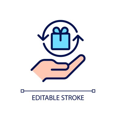 Hediye ekonomisi pikseli mükemmel RGB renk ikonu. Sosyal değişim. Bedava hediye. Beklenen sosyal davranış. İzole vektör çizimi. Basit bir çizgi çizimi. Düzenlenebilir felç. Kullanılan Arial yazı tipi