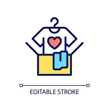 Kıyafet bağış pikseli mükemmel RGB renk simgesi. İstenmeyen eski giysiler bağışlıyorum. Malları bedavaya dağıtın. İzole vektör çizimi. Basit bir çizgi çizimi. Düzenlenebilir felç. Kullanılan Arial yazı tipi