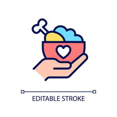 Yiyecek bağış pikseli mükemmel RGB renk ikonu. Açlık yardımı organizasyonu. Yemek kurtarma programı. İzole vektör çizimi. Basit bir çizgi çizimi. Düzenlenebilir felç. Kullanılan Arial yazı tipi