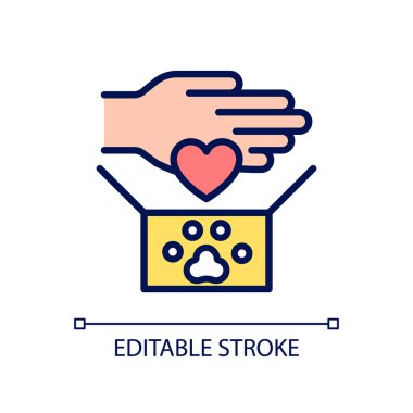 Hayvan bağışı pikseli mükemmel RGB renk ikonu. Barınak için para topluyorum. Hayvanları zulümden koruyorum. İzole vektör çizimi. Basit bir çizgi çizimi. Düzenlenebilir felç. Kullanılan Arial yazı tipi