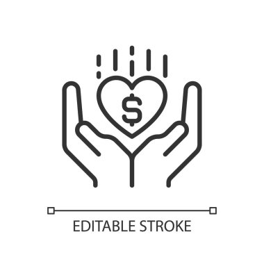 Hayırseverlik pikseli mükemmel doğrusal simge. Hayırsever bir organizasyon. İnsan refahını arttırmak. İnce çizgili çizim. Contour sembolü. Vektör çizimi. Düzenlenebilir felç. Kullanılan Arial yazı tipi