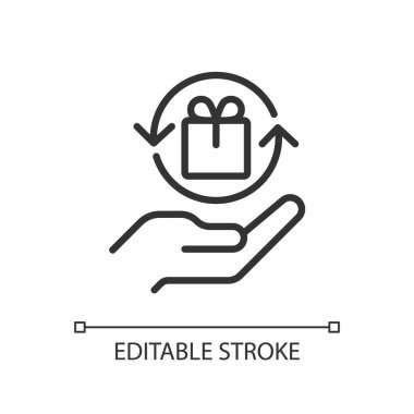 Hediye ekonomisi pikseli mükemmel doğrusal simge. Sosyal değişim. Bedava hediye. Beklenen sosyal davranış. İnce çizgili çizim. Contour sembolü. Vektör çizimi. Düzenlenebilir felç. Kullanılan Arial yazı tipi
