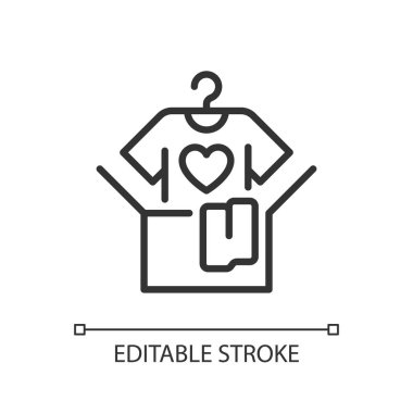 Kıyafet bağışı pikseli mükemmel doğrusal simge. İstenmeyen eski giysiler bağışlıyorum. Malları bedavaya dağıtın. İnce çizgili çizim. Contour sembolü. Vektör çizimi. Düzenlenebilir felç. Kullanılan Arial yazı tipi