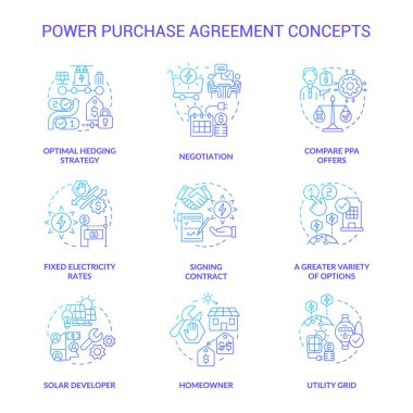 Güç satın alma anlaşması mavi gradyan konsept simgeleri ayarlandı. Elektrik satışı. İş ilişkisi fikri ince çizgi renkli çizimler. İzole semboller. Kullanılan Roboto-Orta, Myriad Pro-Kalın yazı tipleri