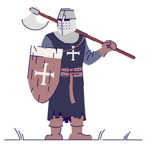 圣殿骑士与战斧半平面Rgb彩色矢量插图 装模作样 动作片角色扮演游戏 中世纪人在白人背景上孤立卡通人物 — 图库矢量图片
