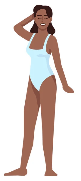 水着半フラットRgbカラーベクトルイラストにポーズをとった笑顔の女性モデル 自己受容 体の肯定的なアプローチを促進する人白地に隔離された漫画のキャラクター — ストックベクタ