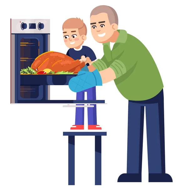 父と息子全体の鶏の半フラットRgbカラーベクトルイラストを焼く 図を掲げて 白地に孤立した漫画家で子供のための料理教室に参加する者 — ストックベクタ