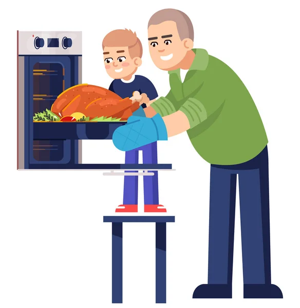 Papá Hijo Horneando Pollo Entero Semi Plana Ilustración Vectorial Color — Archivo Imágenes Vectoriales