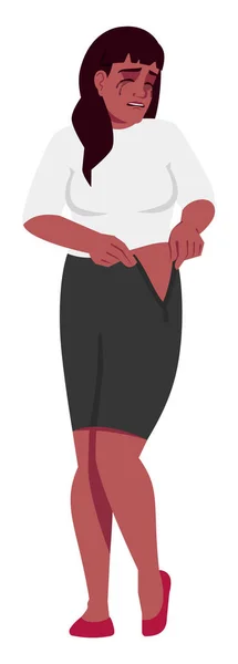 体重増加についての不満半フラットRgbカラーベクトル図 太腿が気になる 白い背景に不向きな服を着て泣く女性隔離された漫画のキャラクター — ストックベクタ