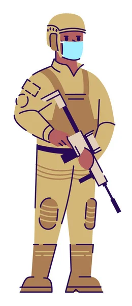 士兵半平Rgb彩色矢量图解的预防措施 装模作样 预防措施 身穿面具的军人在白色背景上孤立的卡通人物 — 图库矢量图片