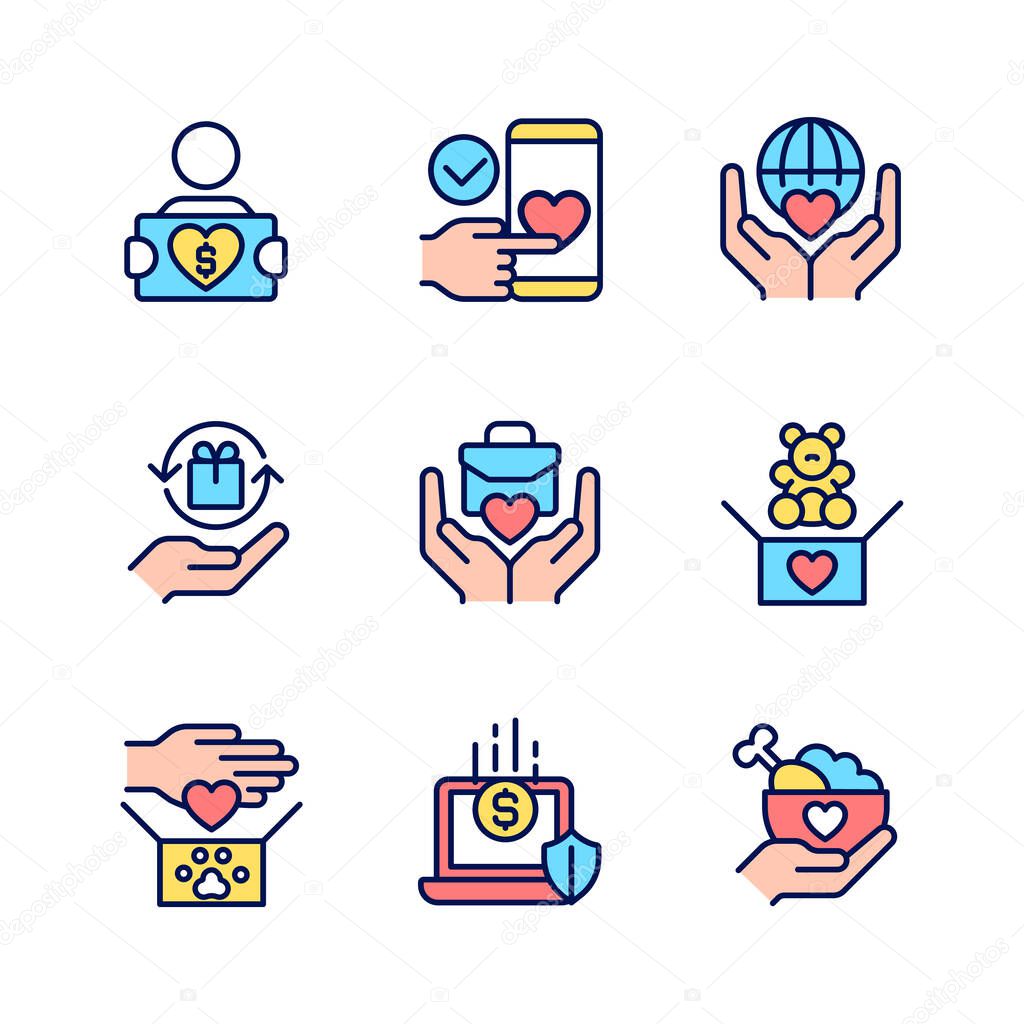 Donating to multiple charities pixel perfect RGB color icons set. Fundraising event. Charitable organization. Isolated vector illustrations. Simple filled line drawings collection. Editable stroke