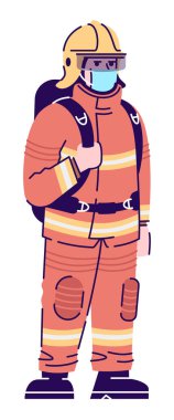 Covid yarı düz RGB renk vektörü çizimi sırasında ilk müdahaleci. Poz figürü. Önleyici önlemler. Yüz maskesi takan donanımlı itfaiyeci beyaz arka planda karikatür karakterini izole etti