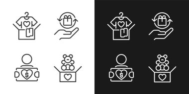 Kullanılmış eşya pikseli bağışlamak koyu, aydınlık mod için ayarlanmış mükemmel doğrusal simgeler. İkinci el kıyafetler. Hayırsever grup. Gece ve gündüz teması için ince çizgi sembolleri. İzole çizimler. Düzenlenebilir vuruş