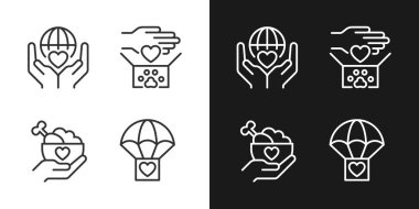 Diğerlerine, karanlık, aydınlık mod için mükemmel doğrusal simgeler oluşturmalarında yardım ediyorum. Hayır kurumu. Hayvan bağışı. Gece ve gündüz teması için ince çizgi sembolleri. İzole çizimler. Düzenlenebilir vuruş