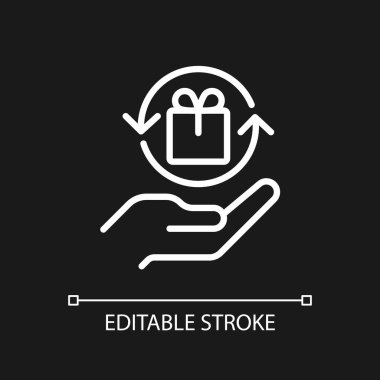 Hediye ekonomisi pikseli koyu renk tema için mükemmel beyaz doğrusal simge. Sosyal değişim. Beklenen sosyal davranış. İnce çizgili çizim. Gece modu için izole edilmiş sembol. Düzenlenebilir felç. Kullanılan Arial yazı tipi