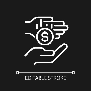 Mikro bağış pikseli koyu tema için mükemmel beyaz doğrusal simge. Mikro hayırseverlik. Küçük bağışlarda bulunarak. İnce çizgili çizim. Gece modu için izole edilmiş sembol. Düzenlenebilir felç. Kullanılan Arial yazı tipi