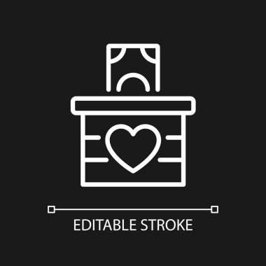 Para bağışı pikseli koyu renk tema için mükemmel beyaz doğrusal simge. Hayırsever bağışları. Cömert bir bağış. İnce çizgili çizim. Gece modu için izole edilmiş sembol. Düzenlenebilir felç. Kullanılan Arial yazı tipi